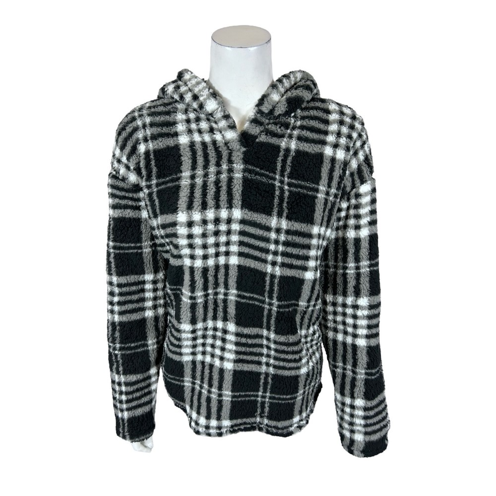 AnyBody Women's Long Sleeve Regular Printed Sherpa Hoodie Black Plaid Small Size